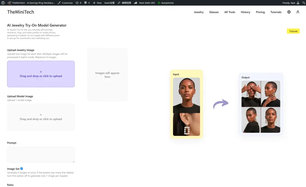 AI Jewelry Try-On interface for generating four consistent wear images