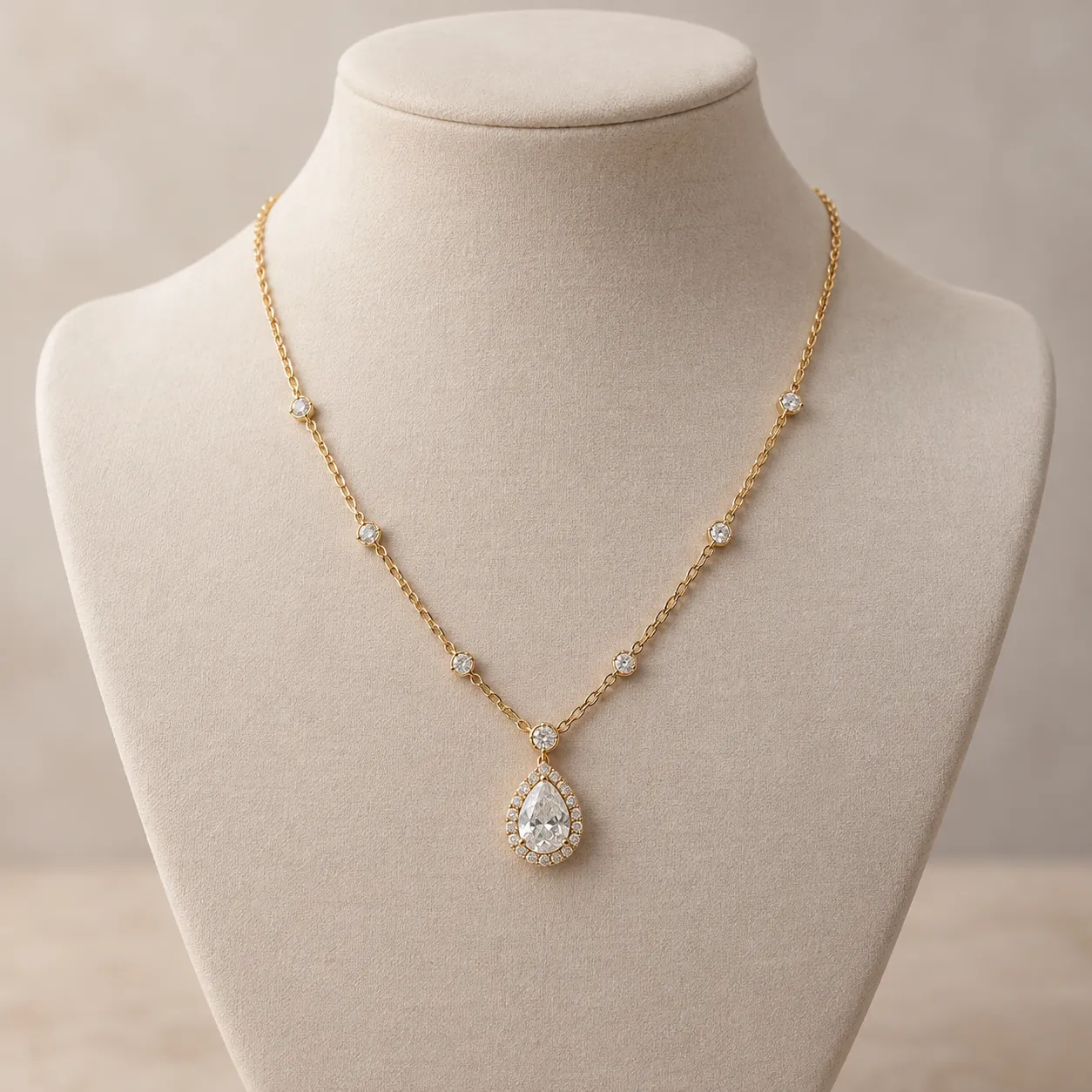 Necklace wearing reference showing the pendant in proportion to the neck